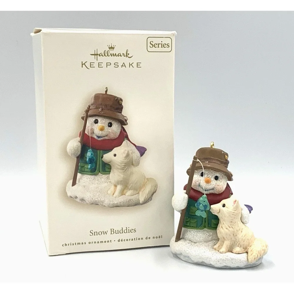 2008 Snow Buddies Hallmark Keepsake Ornament Fishing Snowman with  White Fox #11